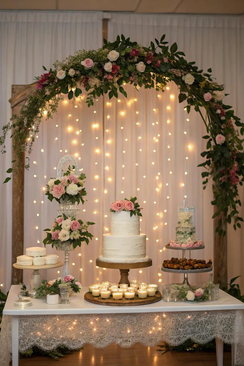A quirky backdrop adds storybook charm to the cake table.