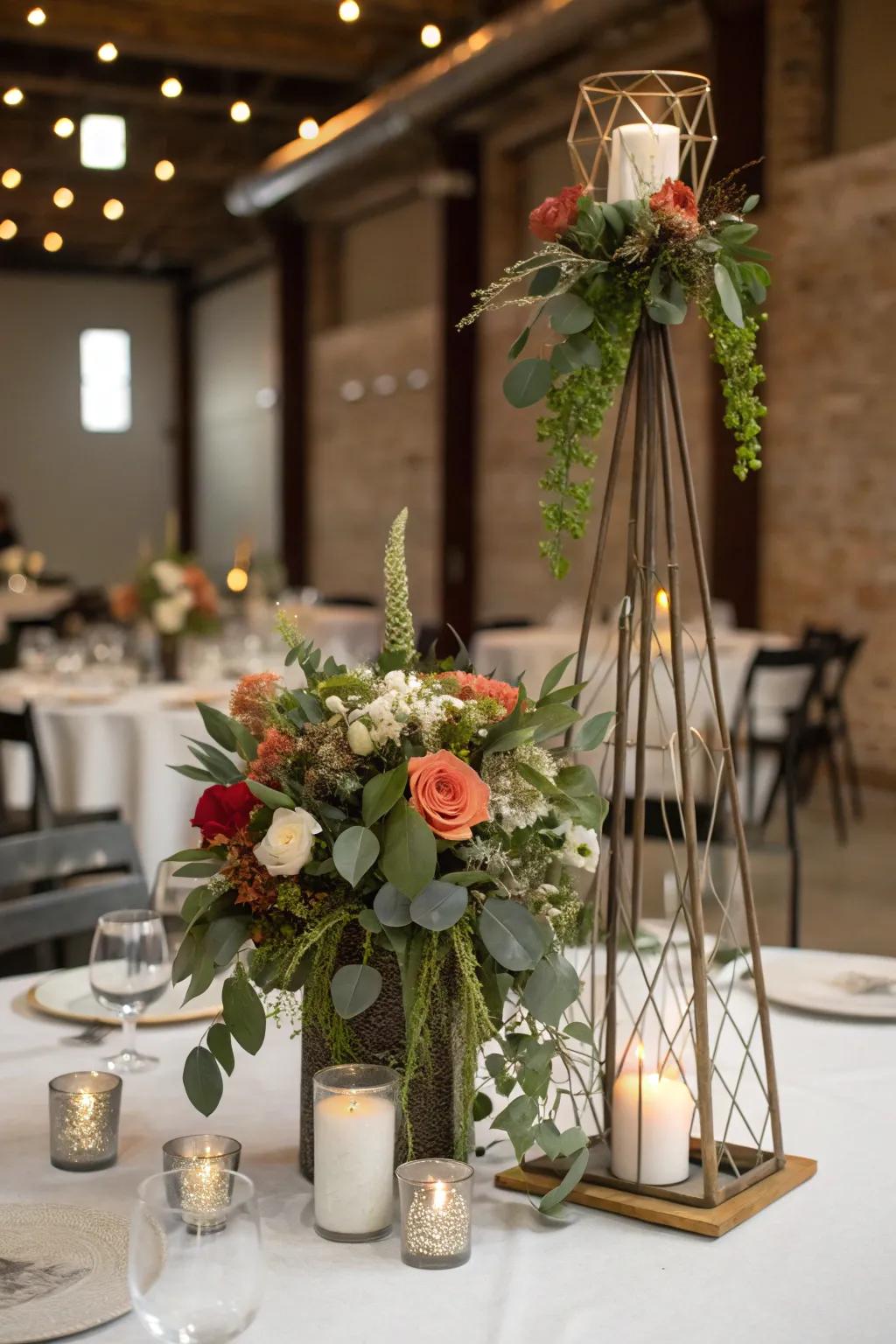 Industrial chic centerpiece with a mix of metal and florals.