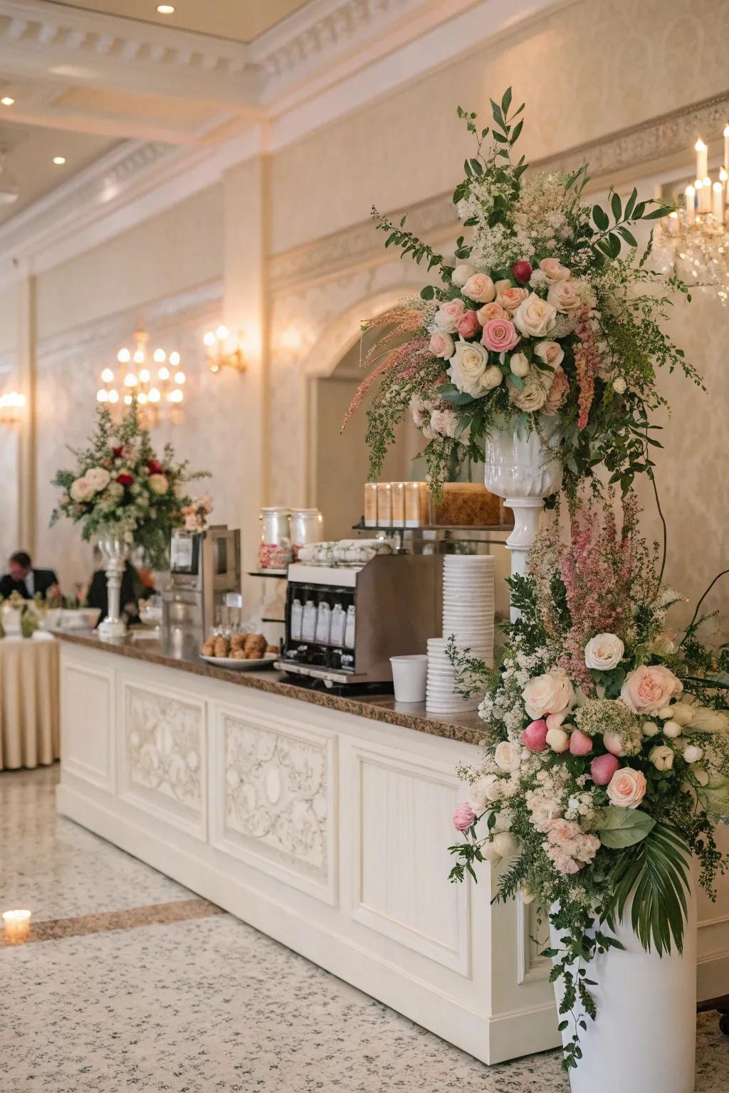 Floral sets incorporating refinement to a wedding coffee corner.