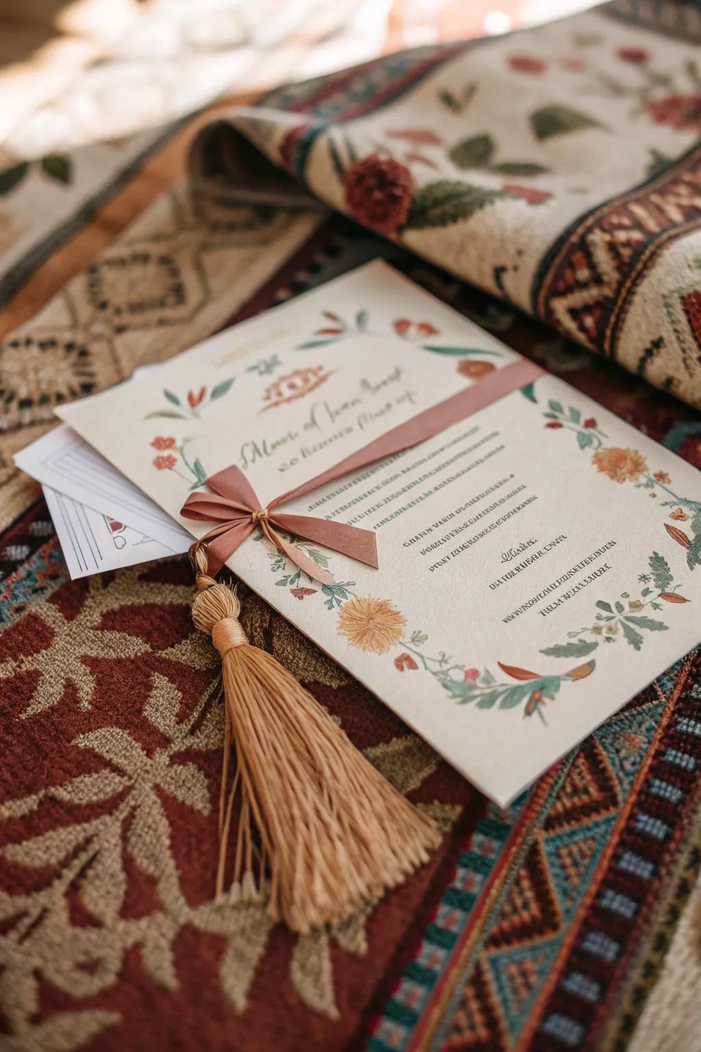 Boho-chic tassel and ribbon on a wedding invitation.