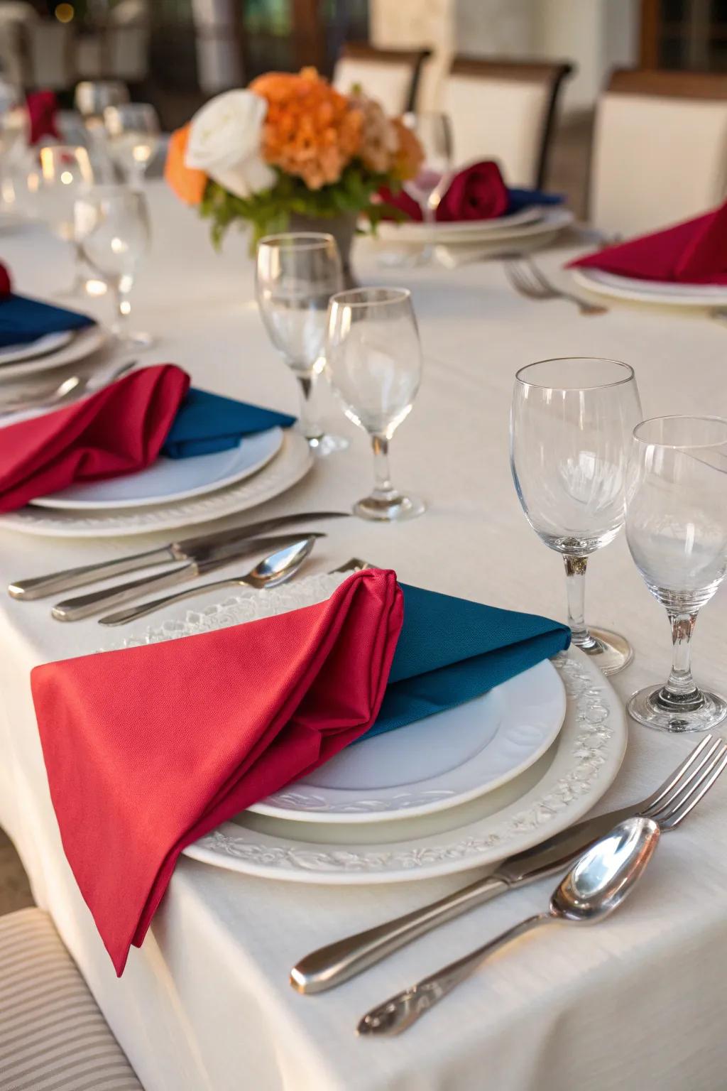 Bold cloths make a striking statement at each arrangement.