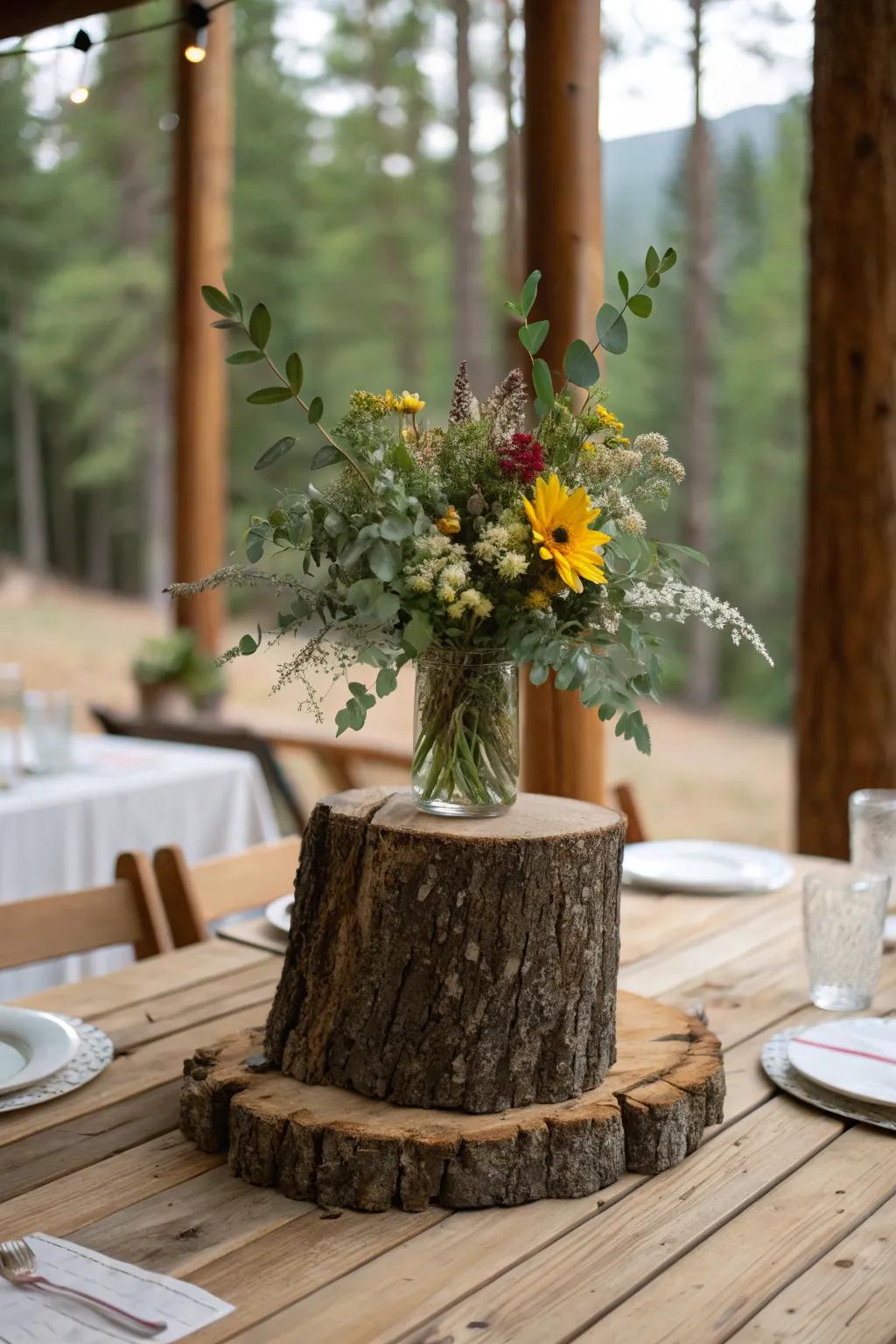 A tree part furnishes organic elegance and pastoral charm onto any table arrangement.