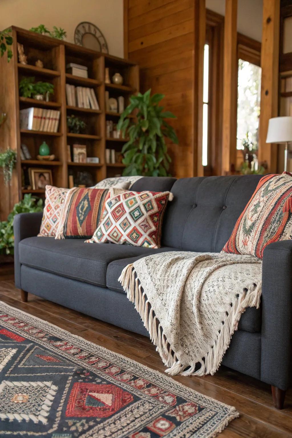 Trimmed pillows bring a boho-chic flair to the dark grey sofa.