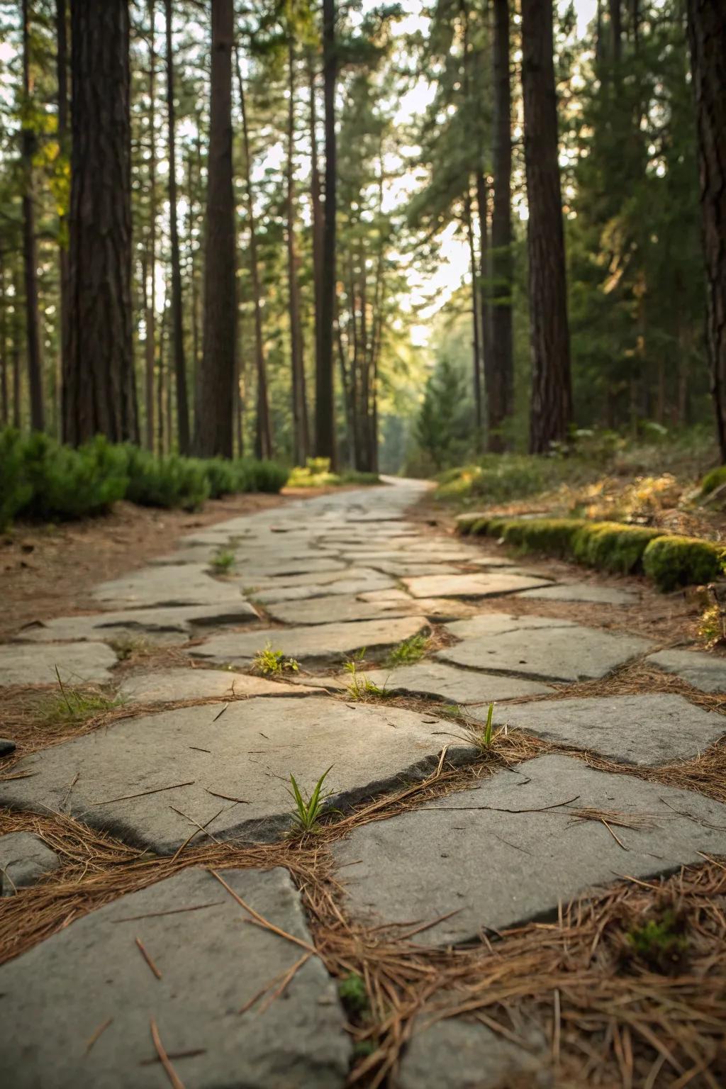 Pine needles introduce a woodland charm to stone pathways.