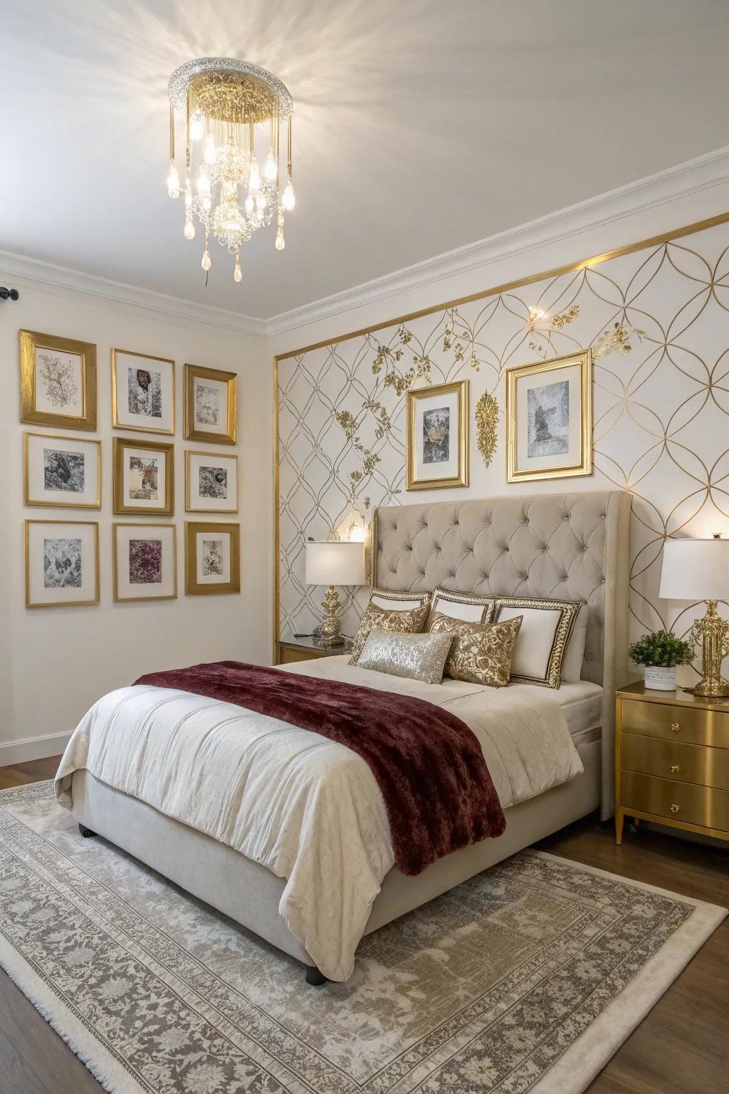 A gold and white gallery wall adds character and storytelling.