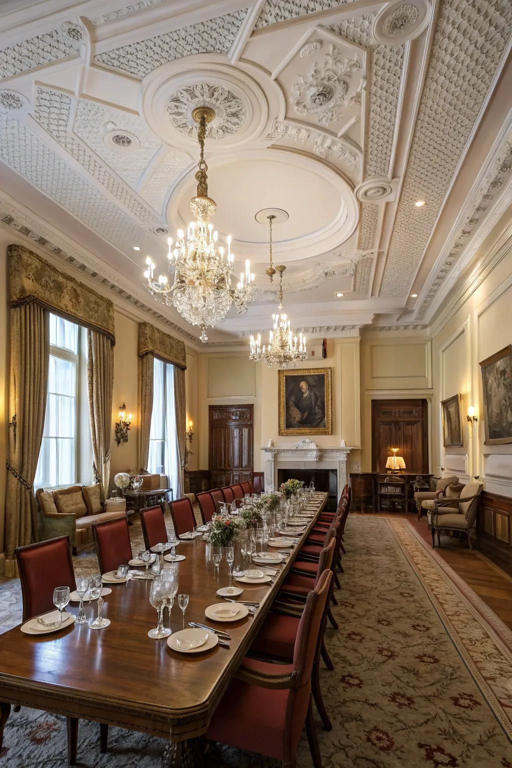 A formal dining room with a coffered white ceiling, adding elegance and depth.