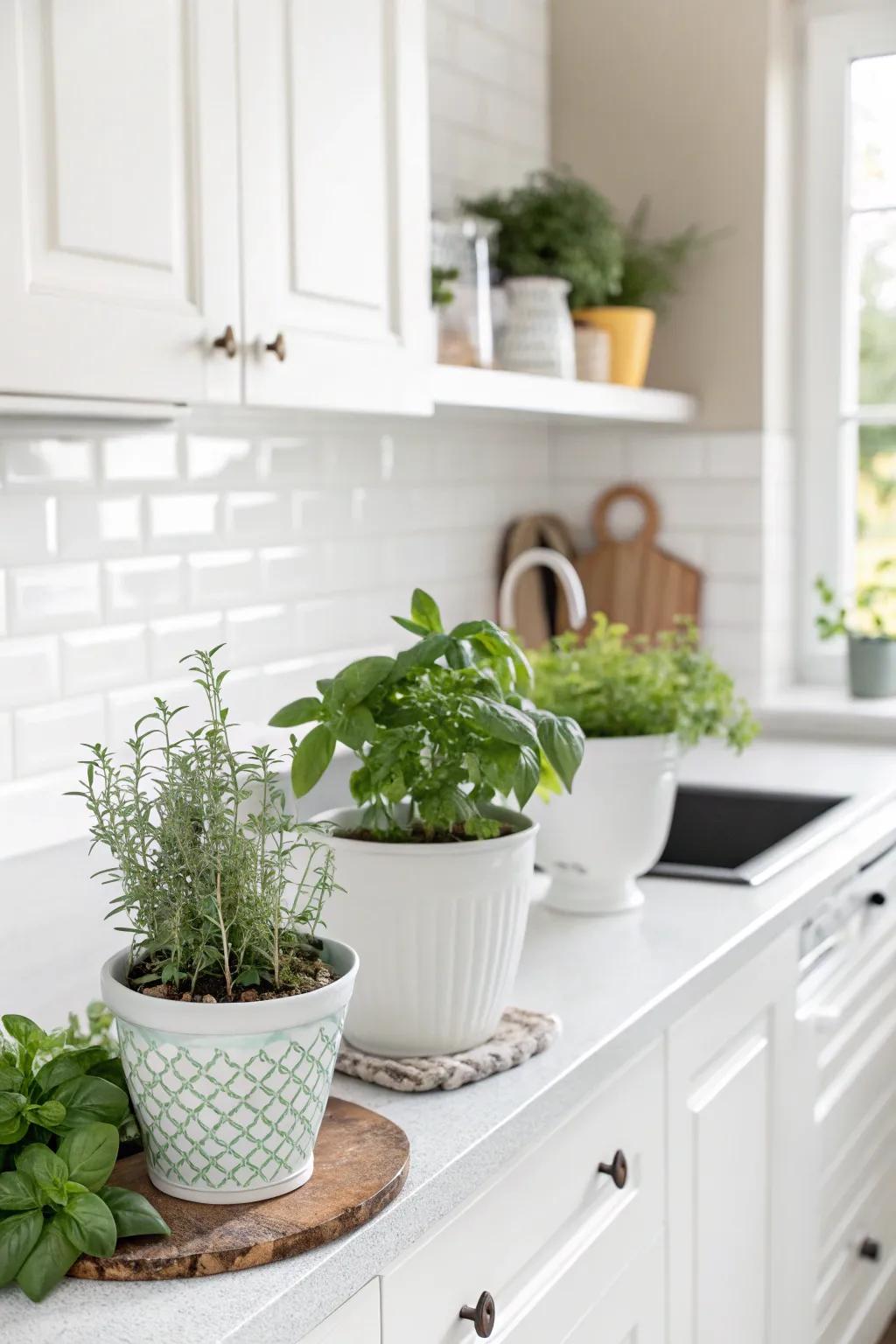 Verdure adds a crisp and lively touch to the white kitchen.