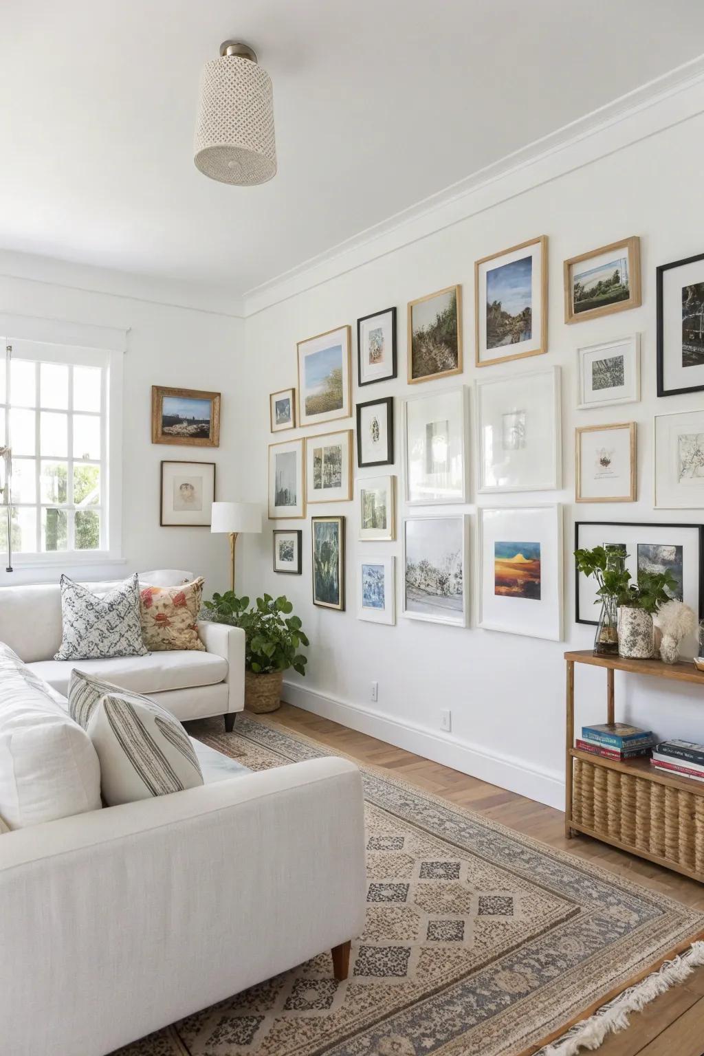 A picture wall adds personalized touch and character to a bright space.