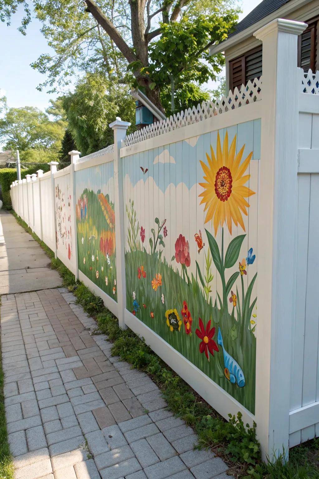 A vibrant mural transforms a white fence into a personal piece of art.