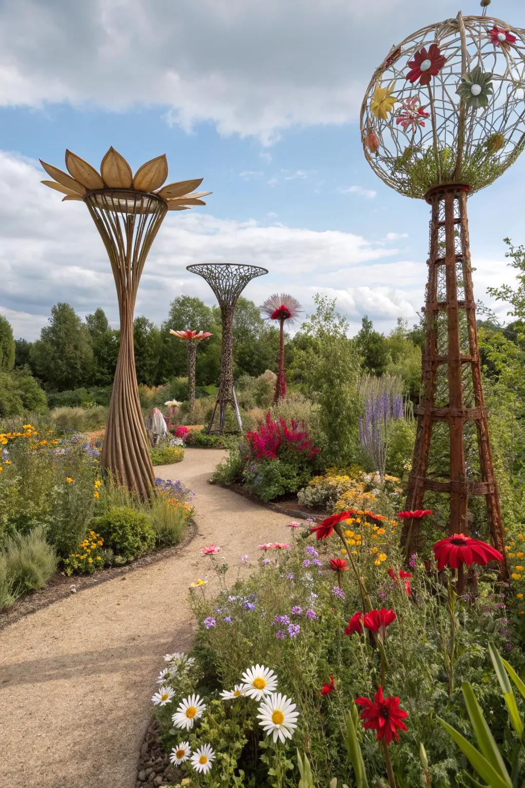 Art unites with nature in a garden filled with wildflower-inspired installations.