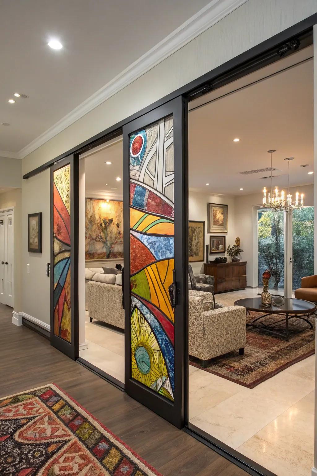 Custom art panels transform doors into a gallery wall.