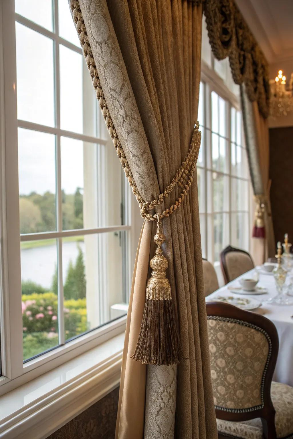 Elegant tassels and tiebacks add sophistication to these curtain treatments.