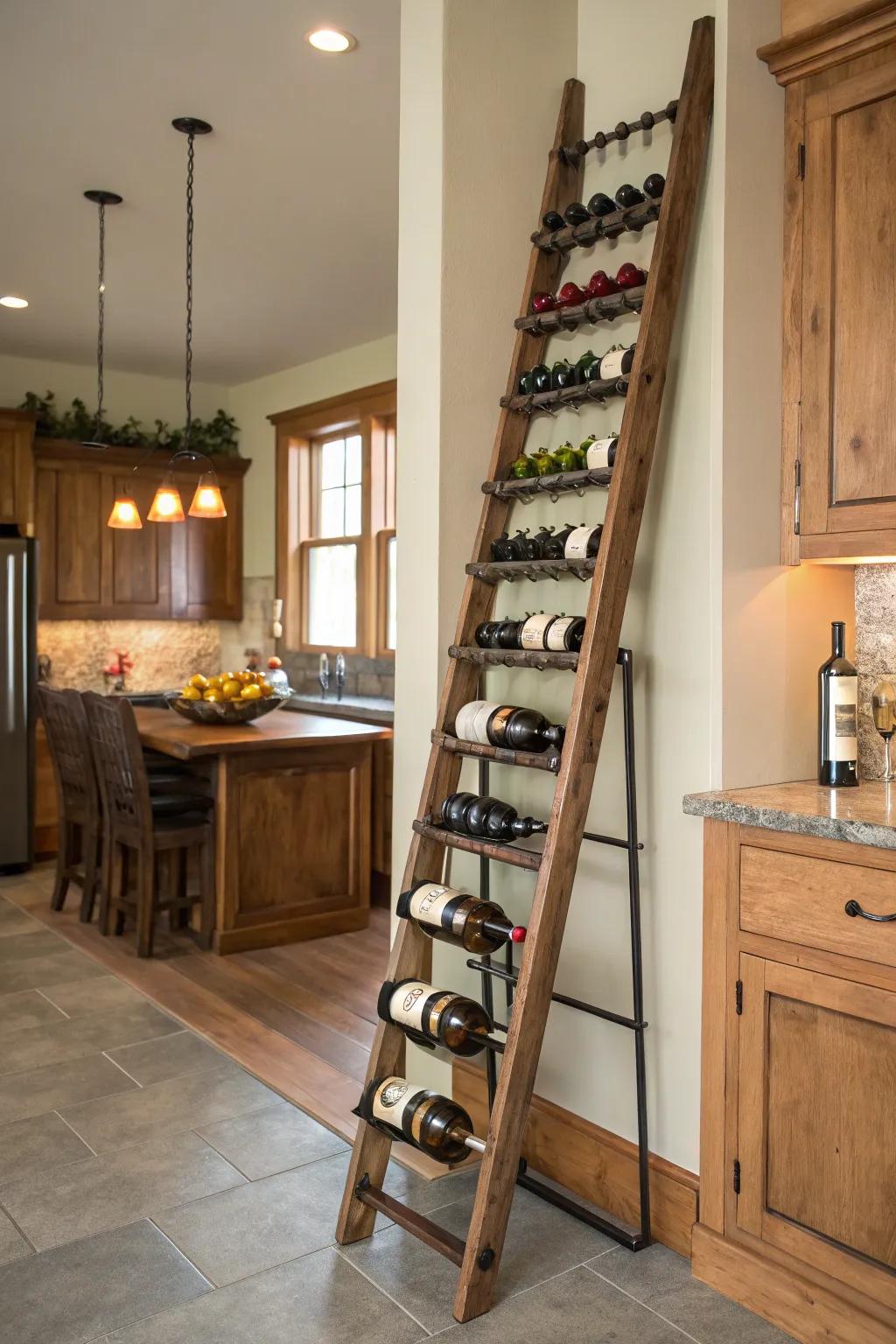 A ladder display adds height and drama to wine storage.