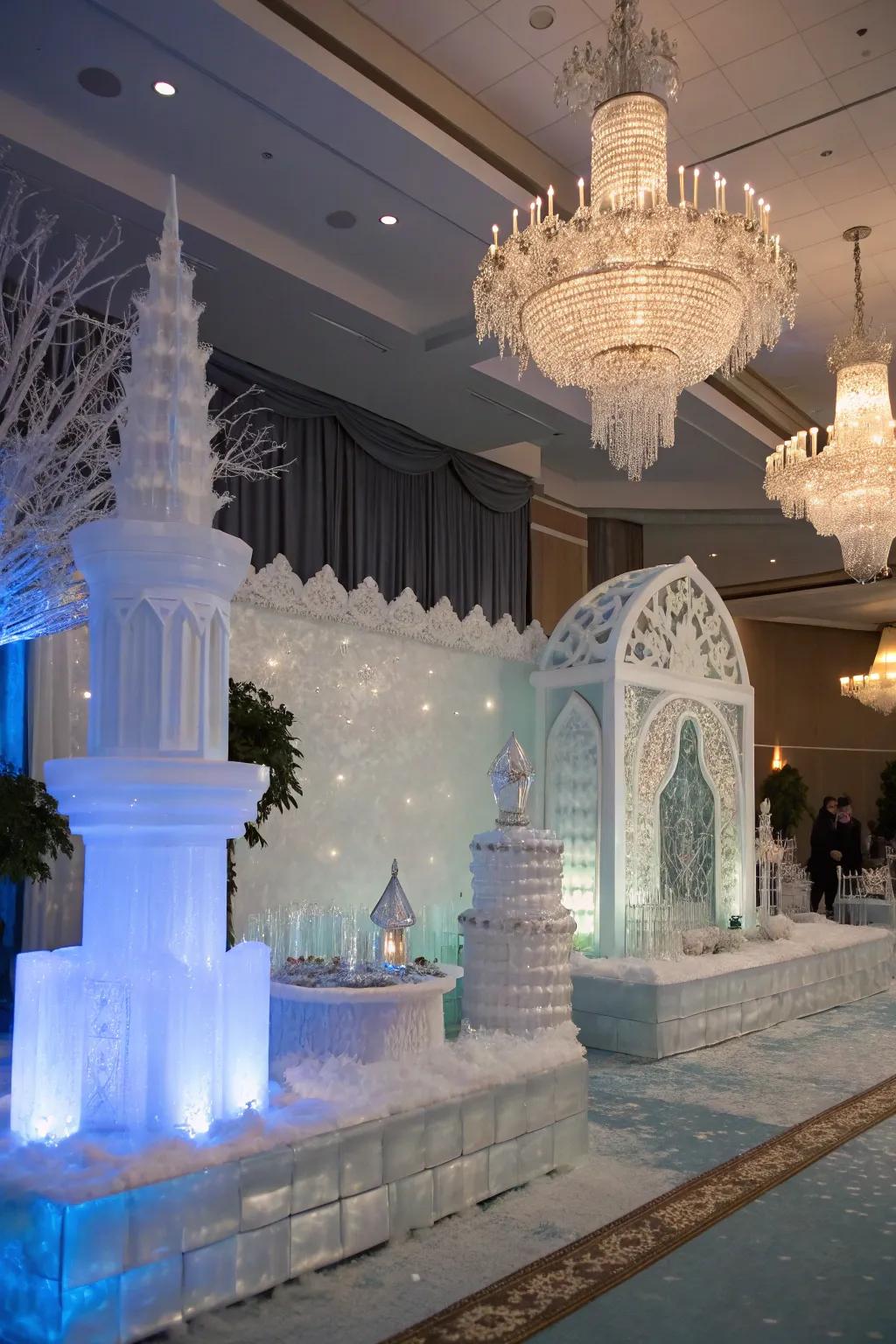 A refined snow palace theme featuring crystal details and icy decor.