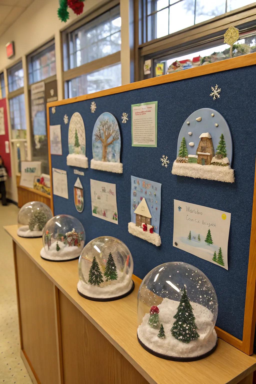 A snow dome showcase highlights students' creativity in depicting winter scenes.
