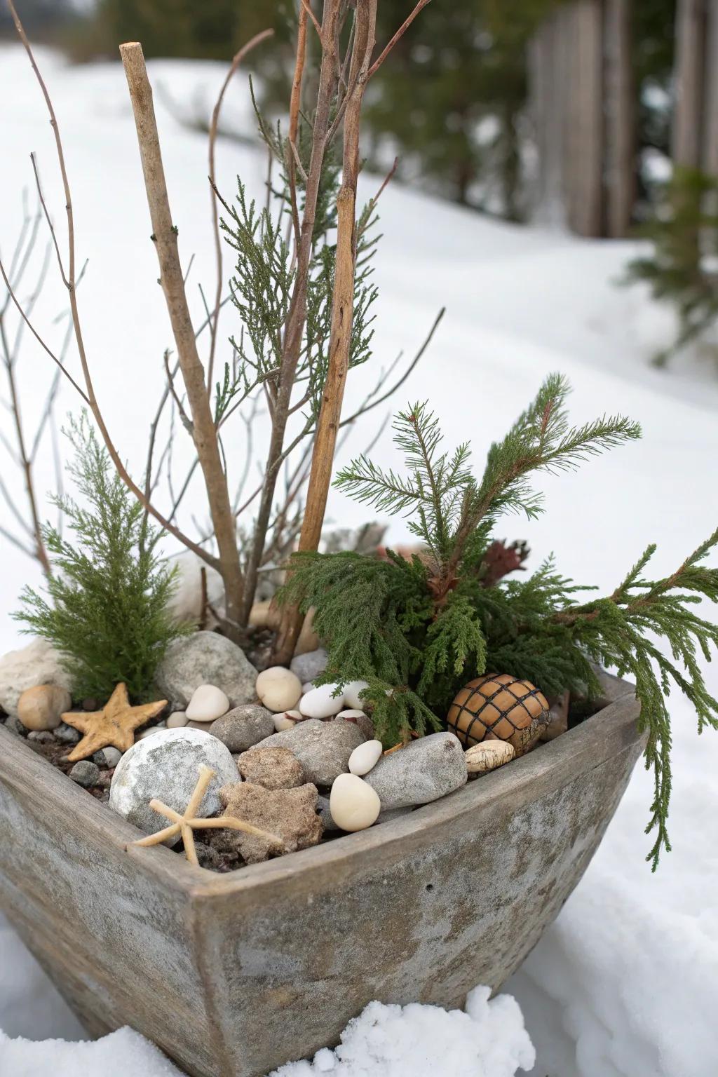 Found objects like driftwood personalize your winter planters.