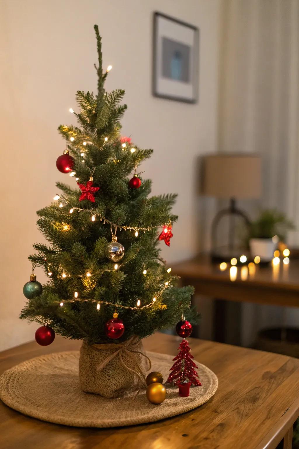 A tabletop holiday spire ushers celebratory cheer to small spaces.