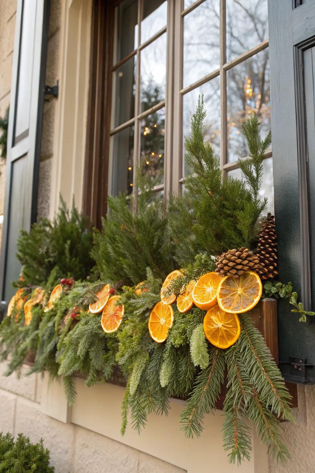 Dried citrus segments introduce color and a refreshing aroma to this winter window box.