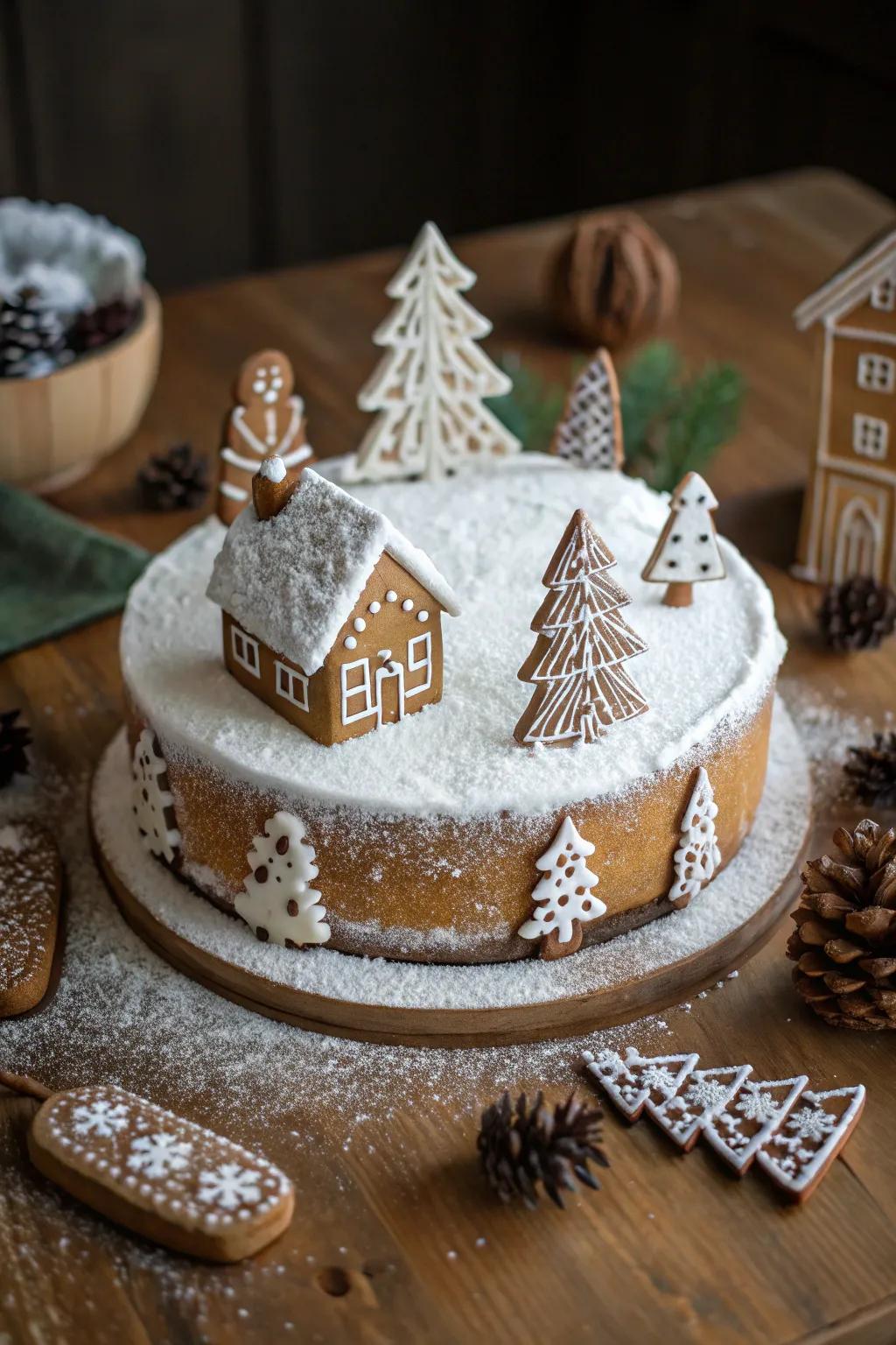 Spice cake houses craft a charming wonderland on this cake.