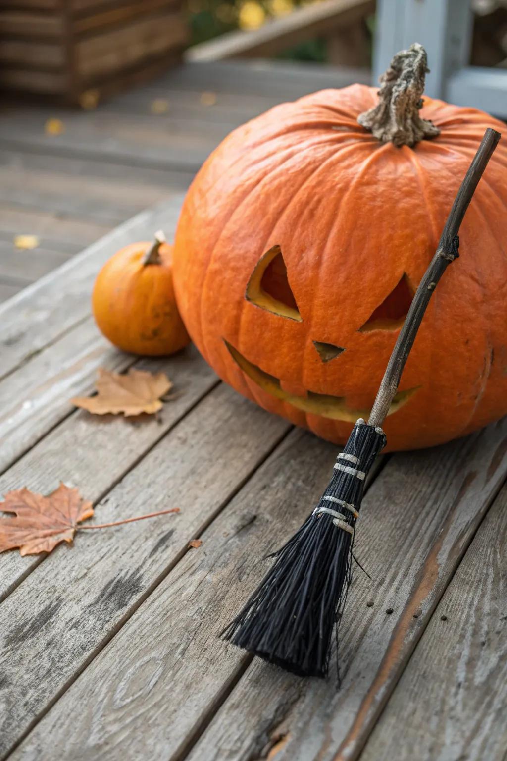 Pumpkin displaying a charming scaled-down enchantress besom.
