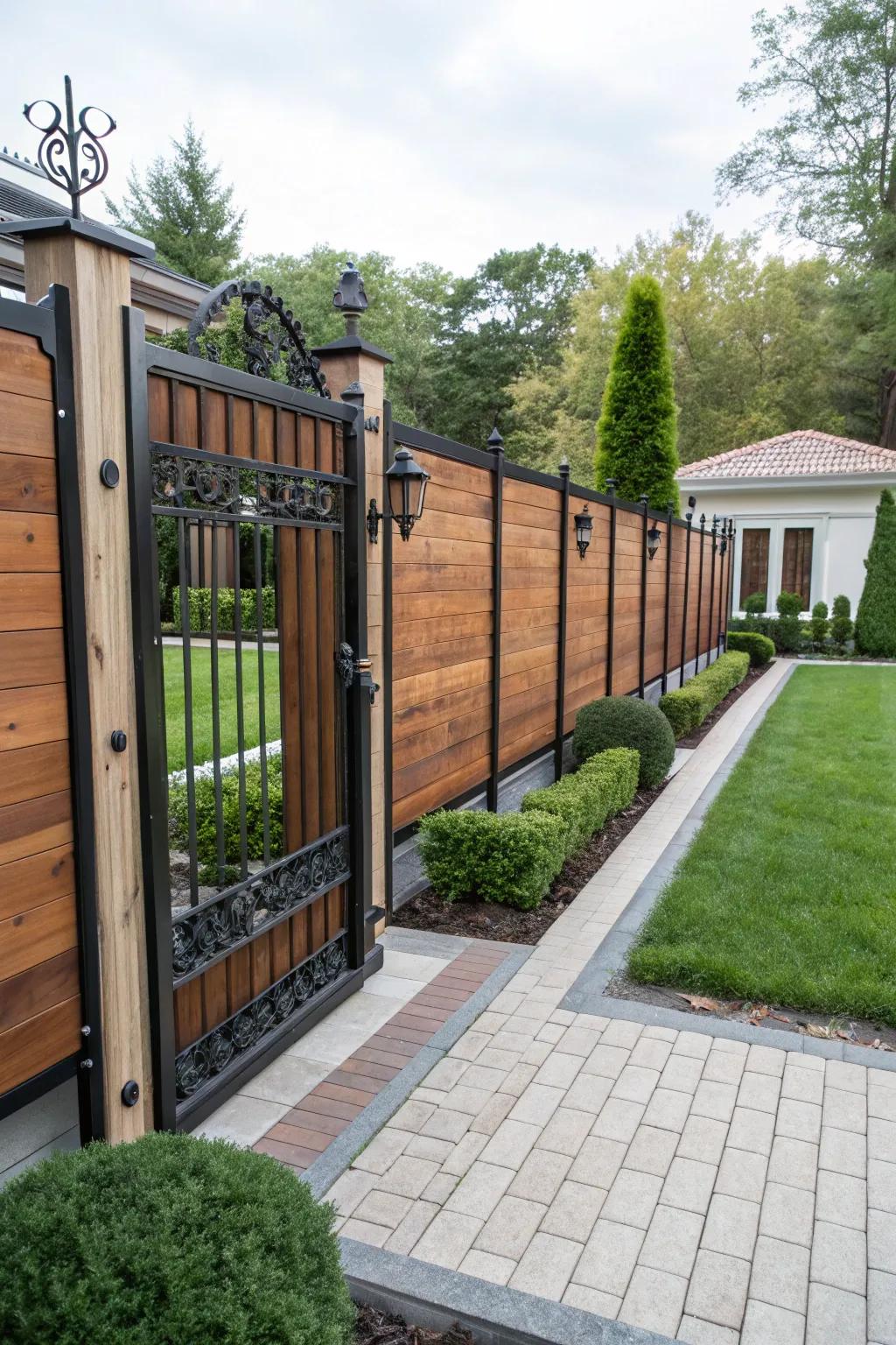 A striking fence design featuring wide timber planks and metal details.