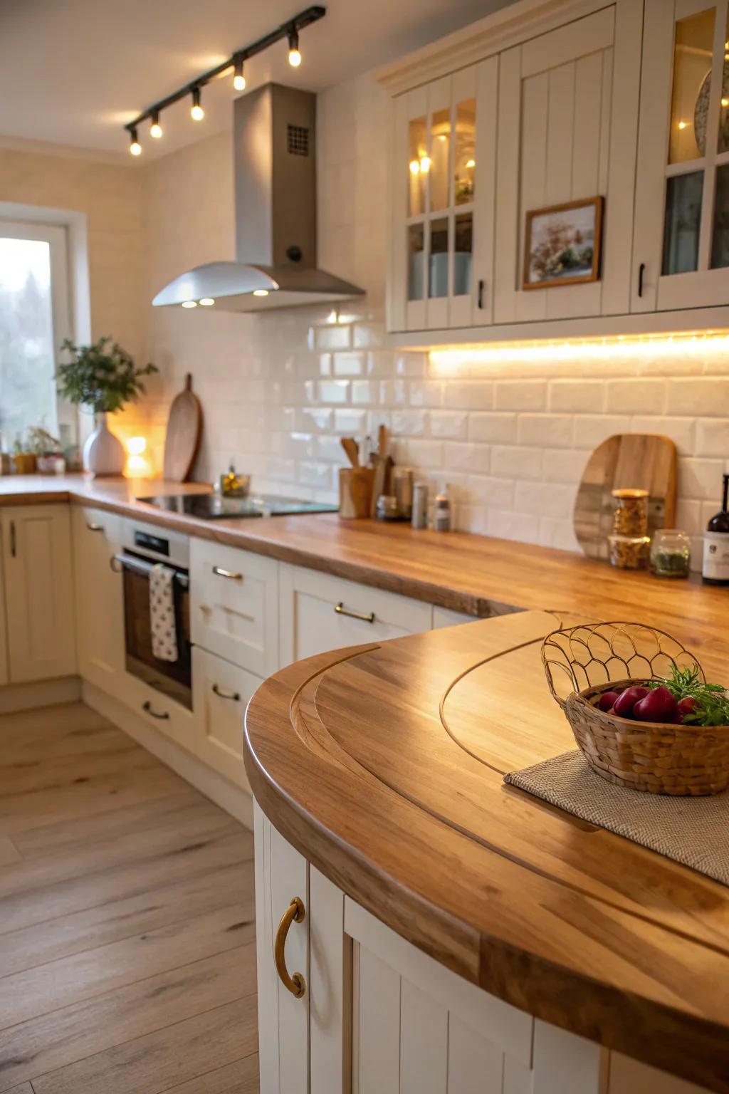 Curved edges adding elegance and flow to timber countertops.