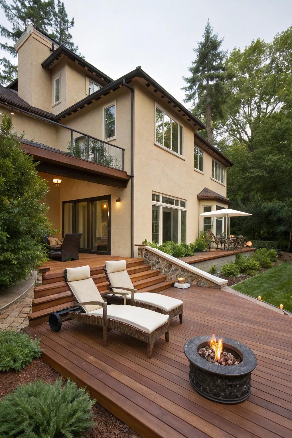 Coffee decking provides a bold and dramatic contrast to a tan house.