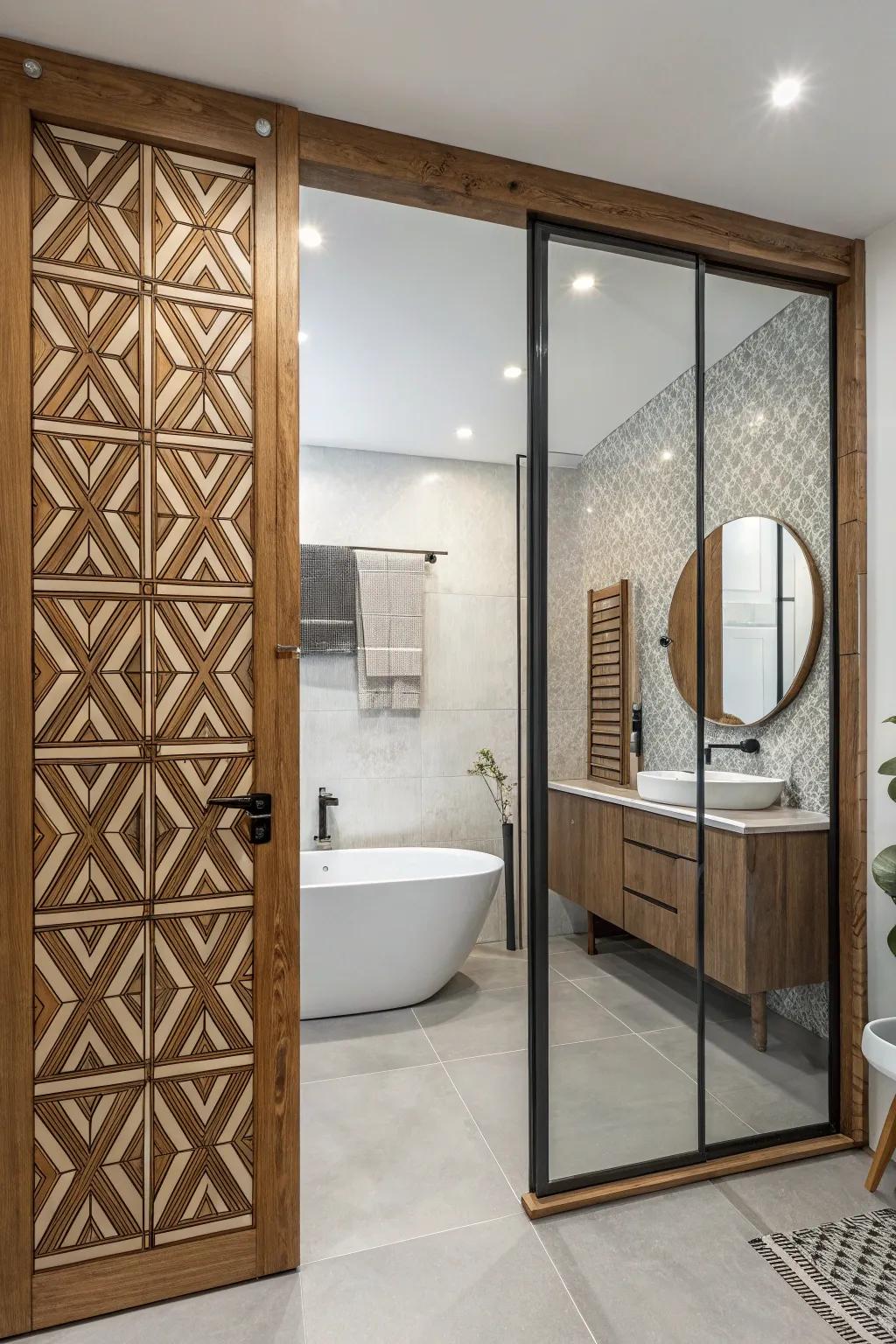 Geometric patterns in wood create a dynamic and modern flair.