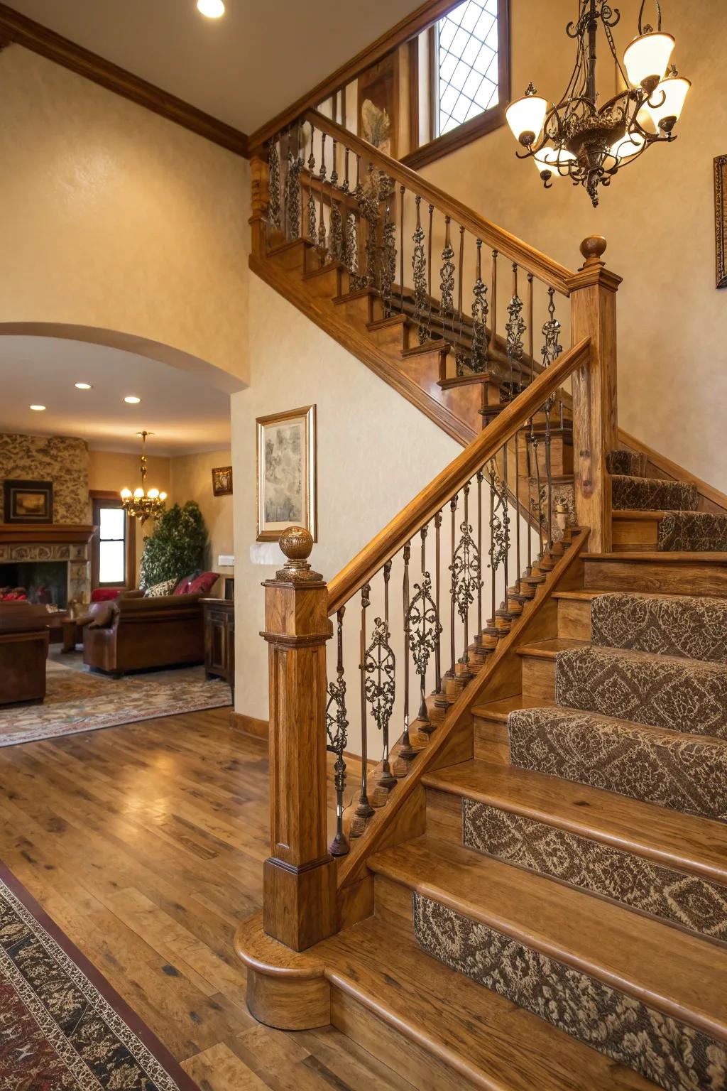 Richness in layout: layered timber patterns on rails.