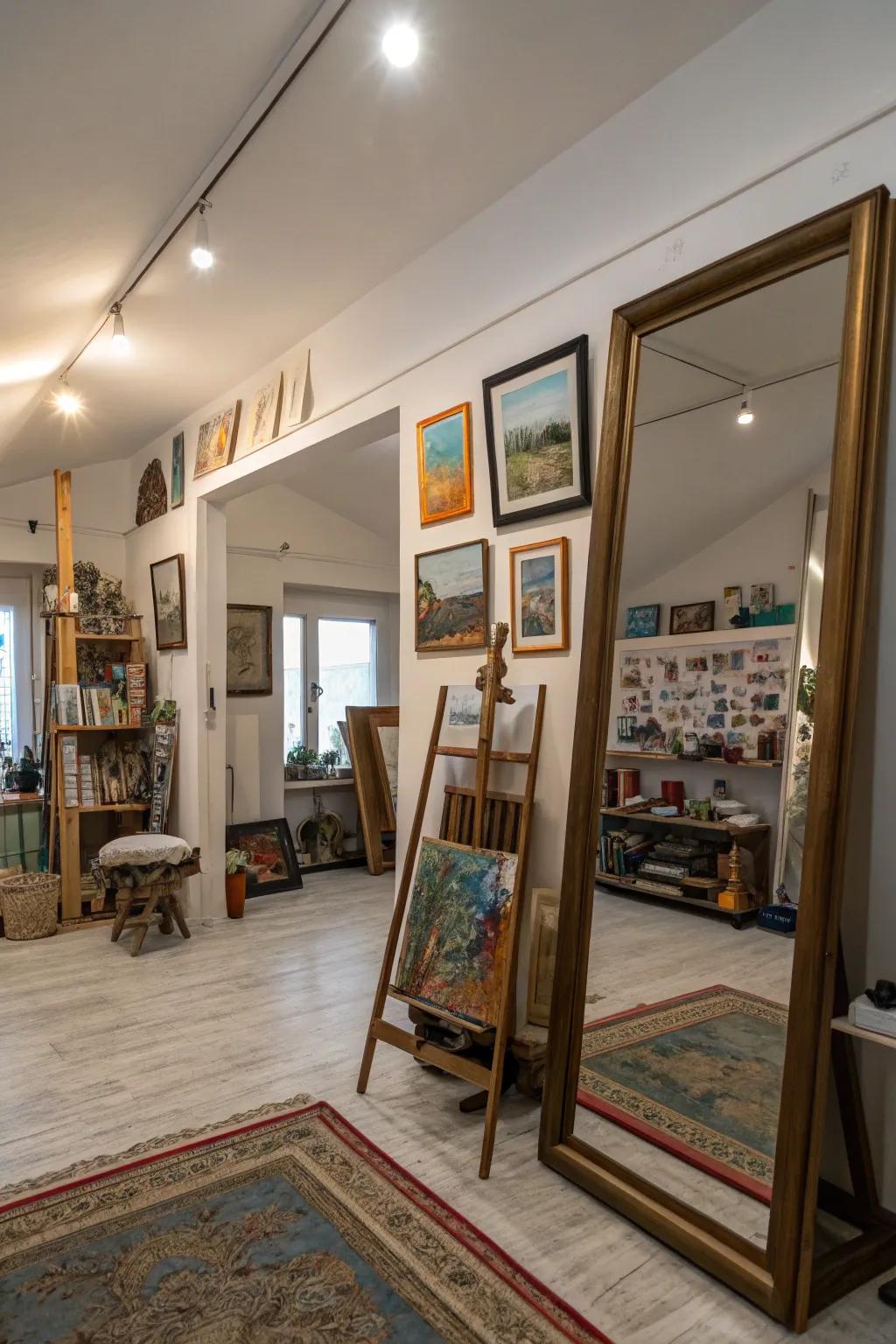 Mirrors make the studio brighter and bigger.