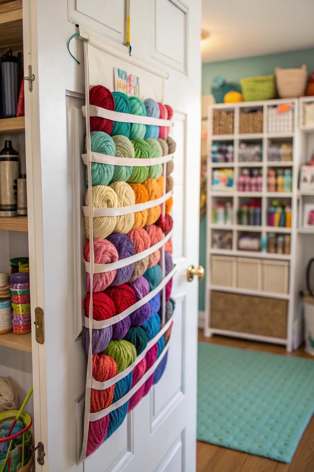A suspended shoe organizer doubles as a space-saving yarn holder.