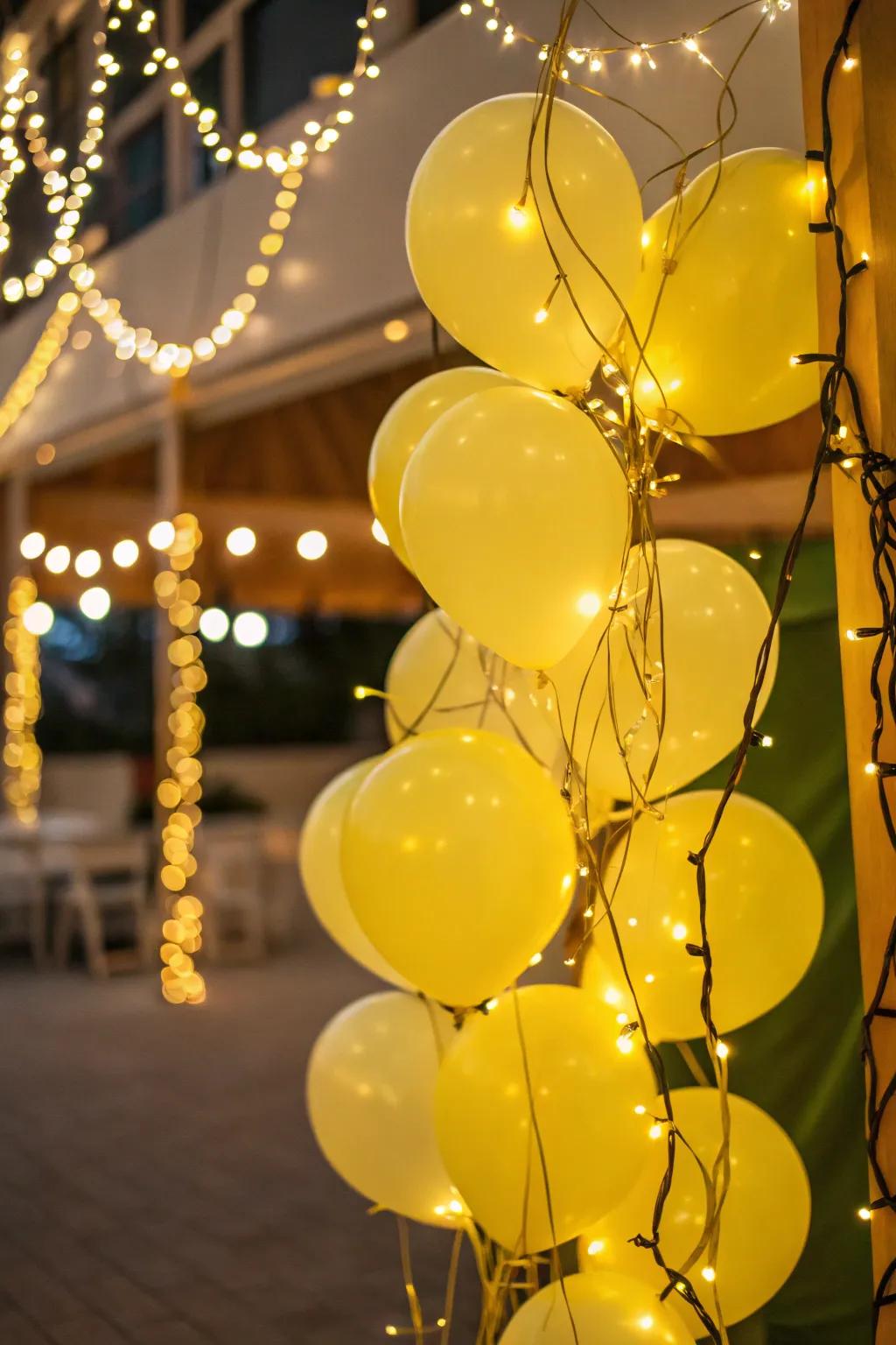 Enchanting glow with golden spheres and string beams.