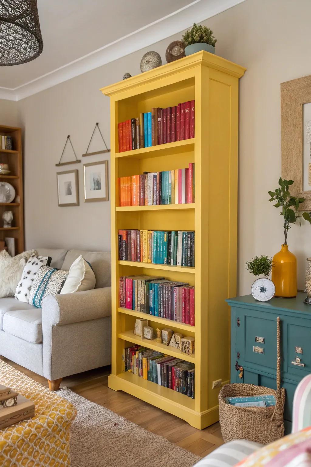 A vibrant living area with a yellow bookshelf.