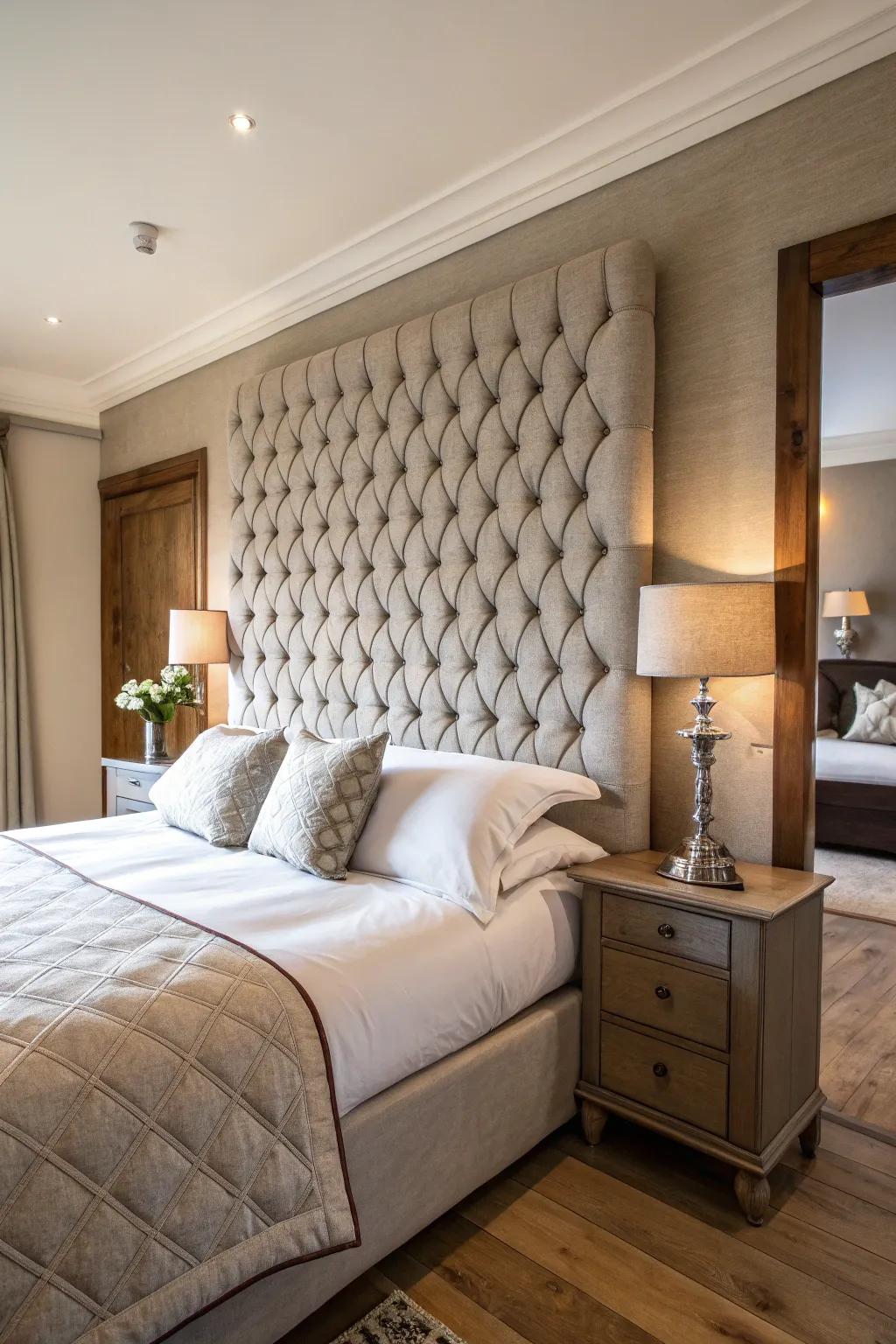 An innovative headboard makes a bold centerpiece.