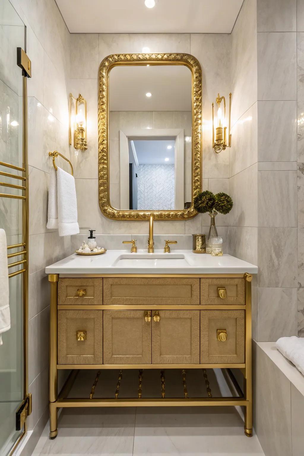Gold hues infuse a hint of luxury into this powder room.