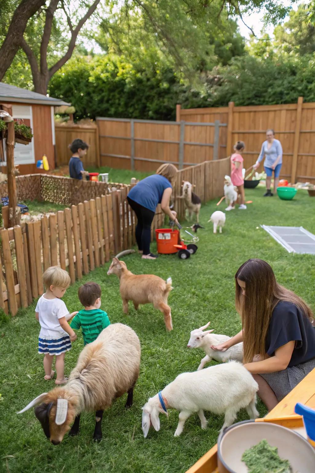 A charming creature touch arrangement in the yard with friendly animals.