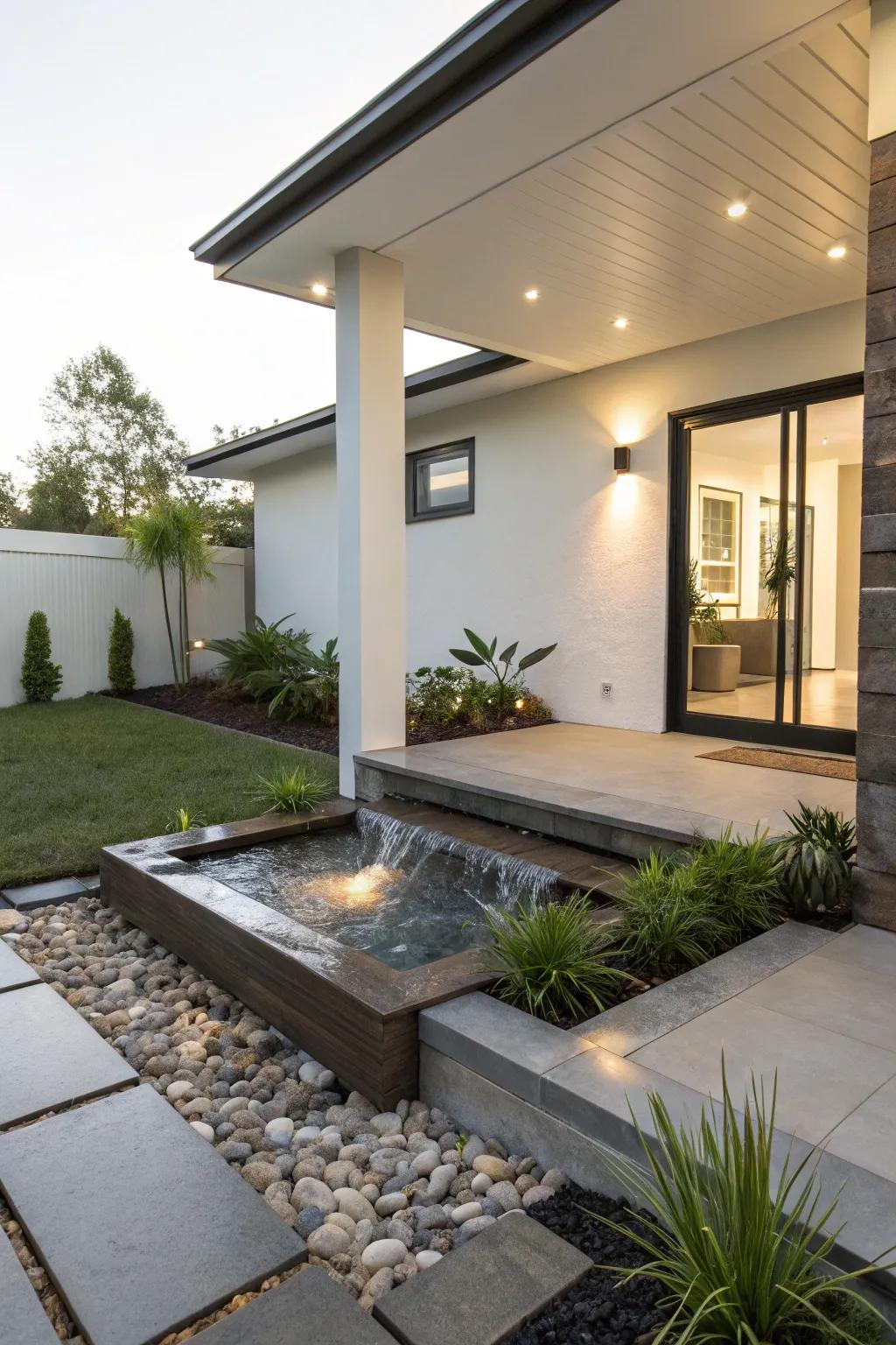 A water feature adds tranquility to a modern porch.