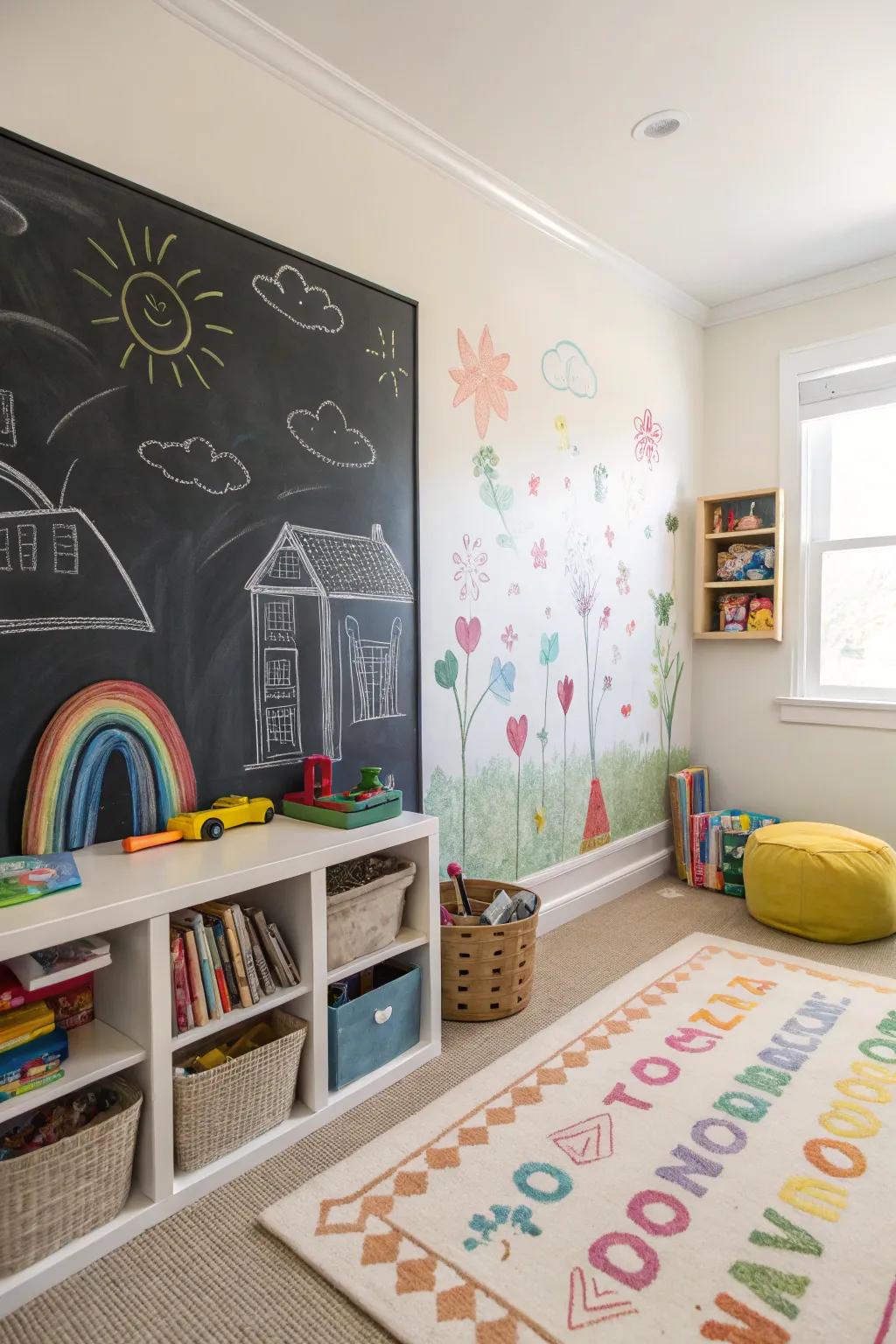 A creative expanse incorporating a chalkboard wall facilitating boundless doodles plus recreation.