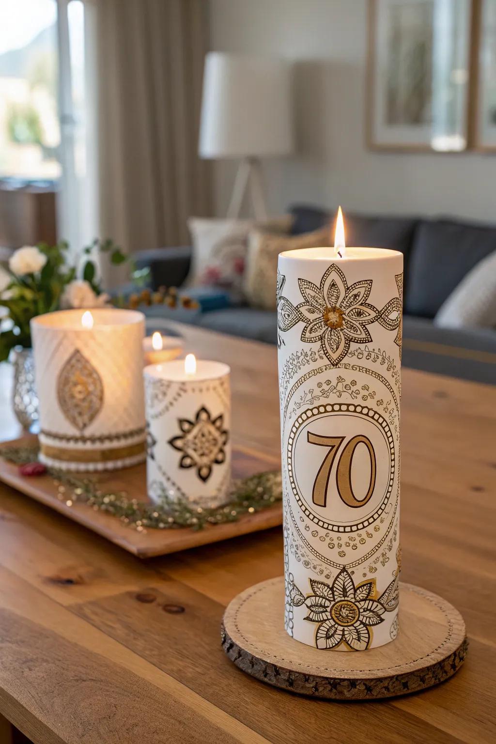 Custom candle holders enhance the party ambiance.