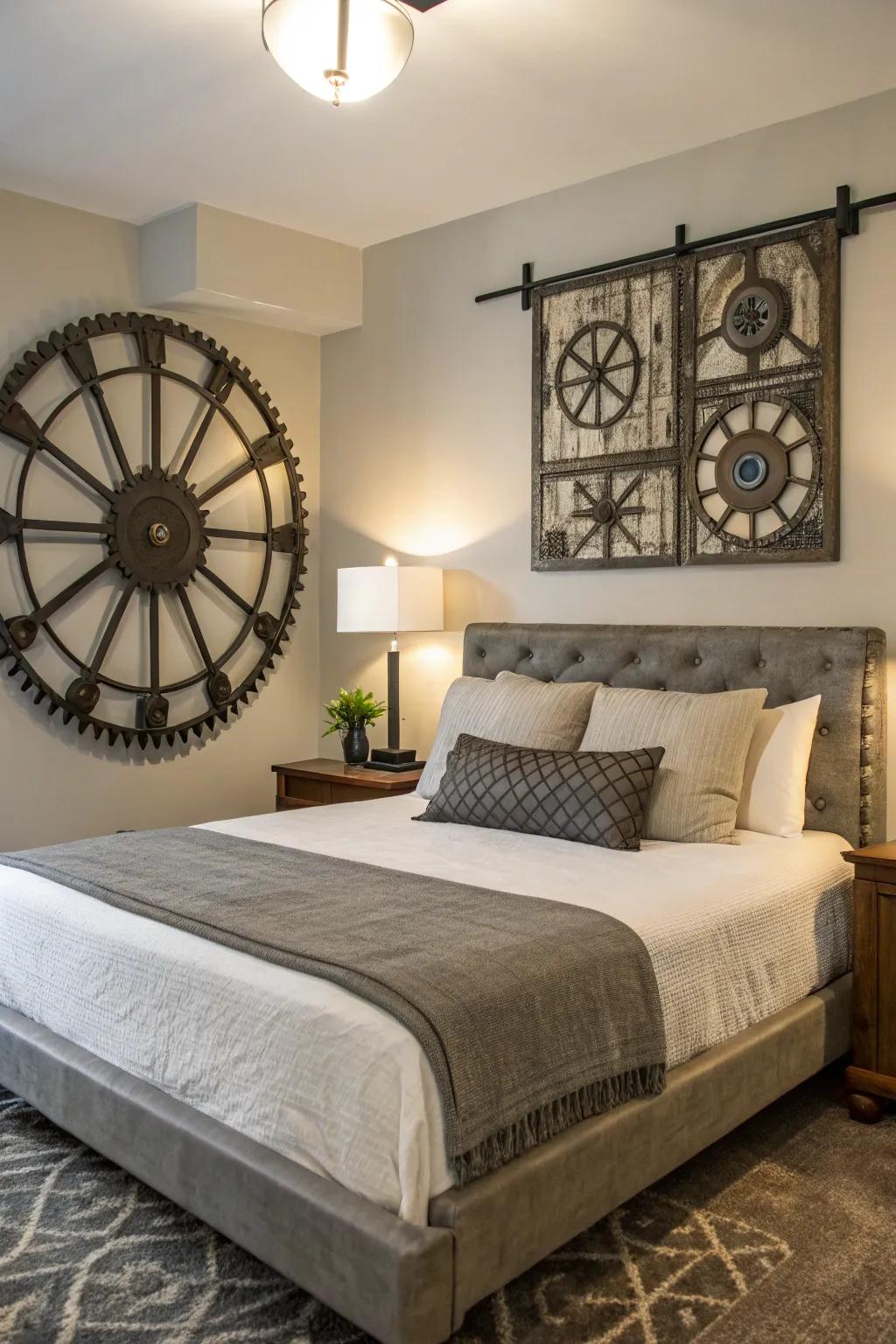 Industrial metal art adds a modern edge above the bed.