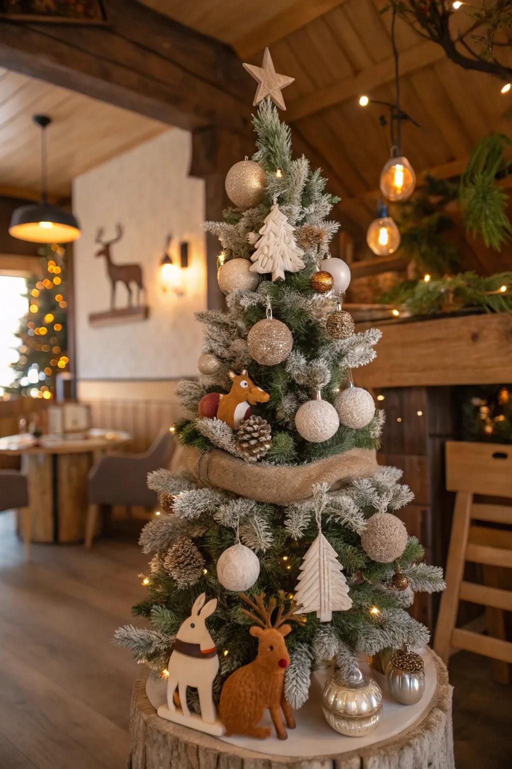 A whimsical woodland-themed Christmas tree featuring enchanting forest components.