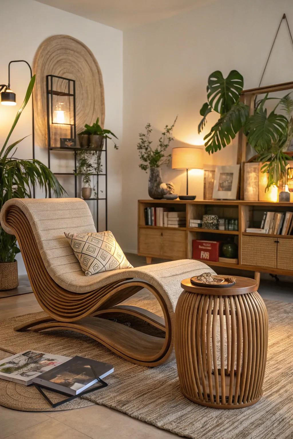 A living area softened by furniture featuring natural shapes.