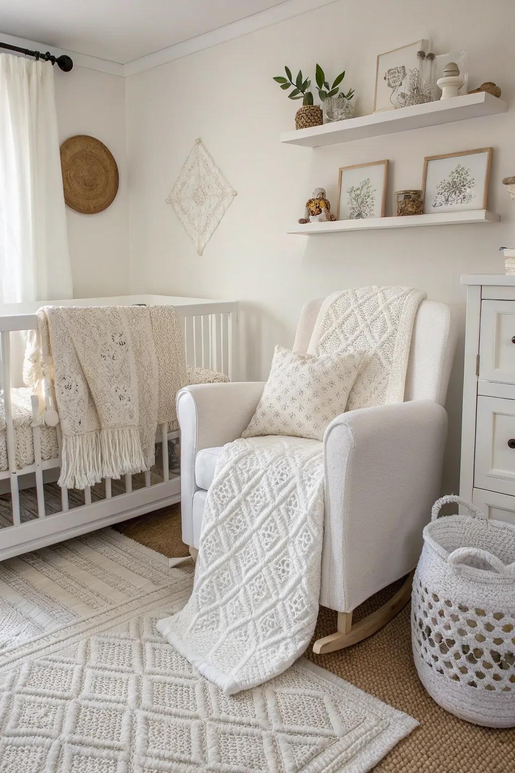 White-on-white prints add subtle elegance to a nursery.