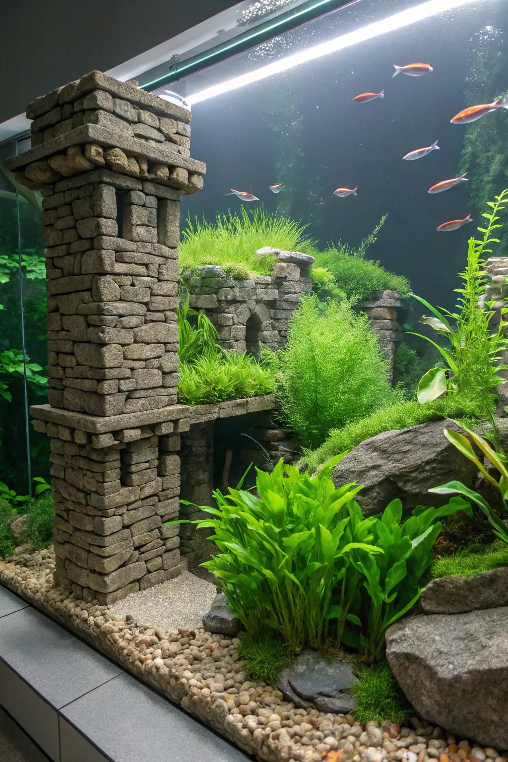 Profuse verdure coupled with stone engenders an invigorating aquascape.