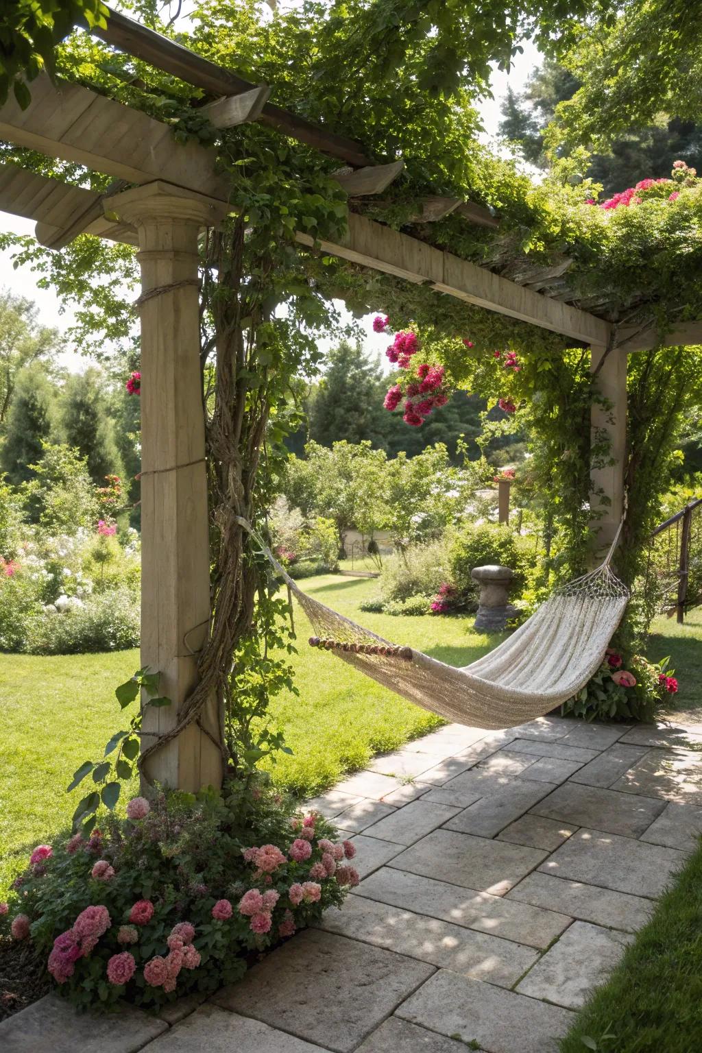 A hammock on an arbor offers a relaxing retreat in the garden.