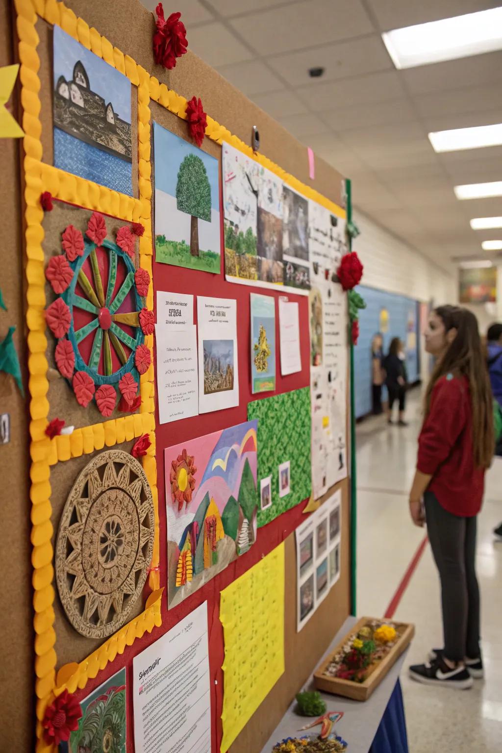 A bulletin board with 3D art installations.