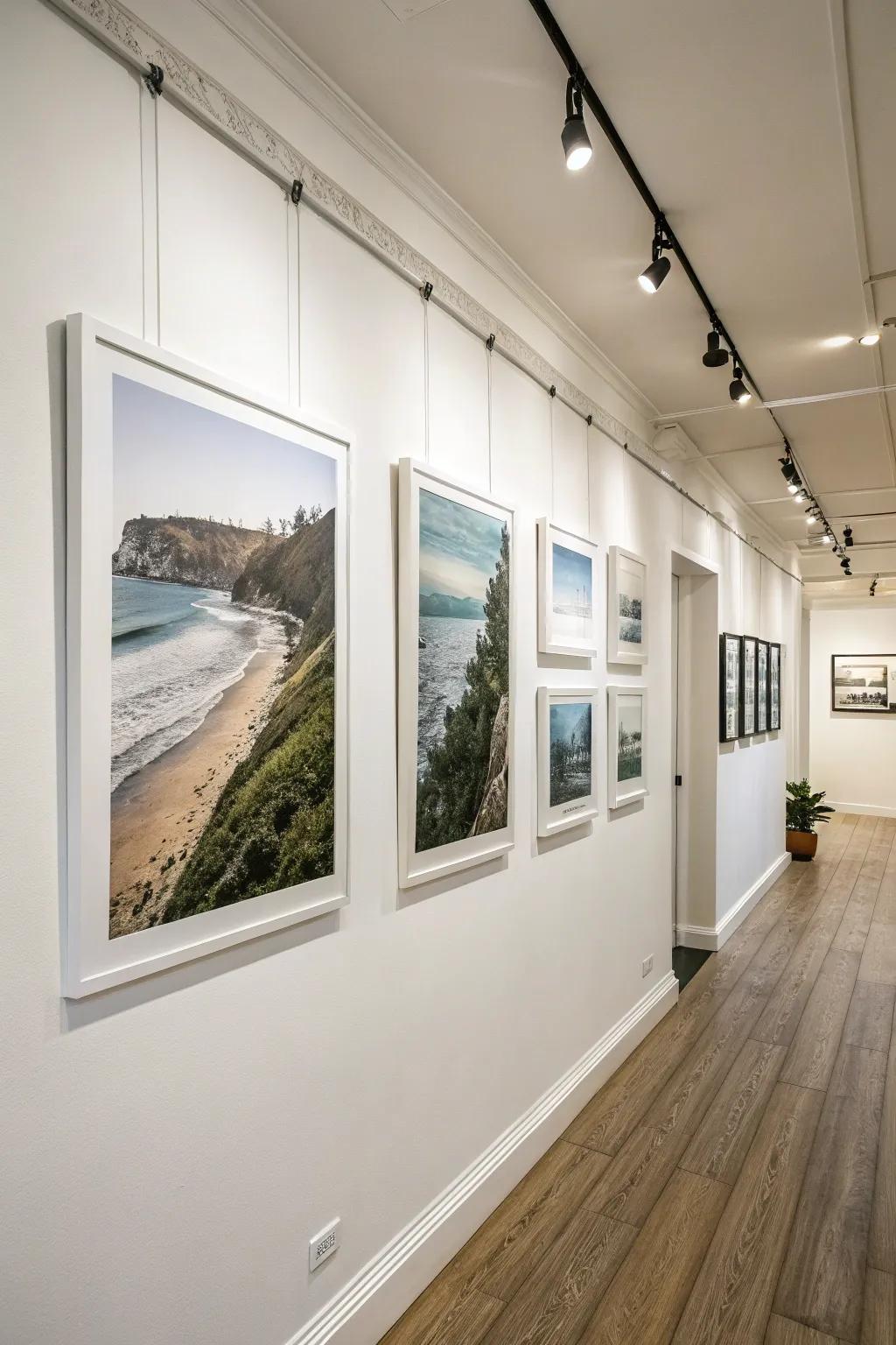 Art prints apparently levitating on the wall through unseen mounts.