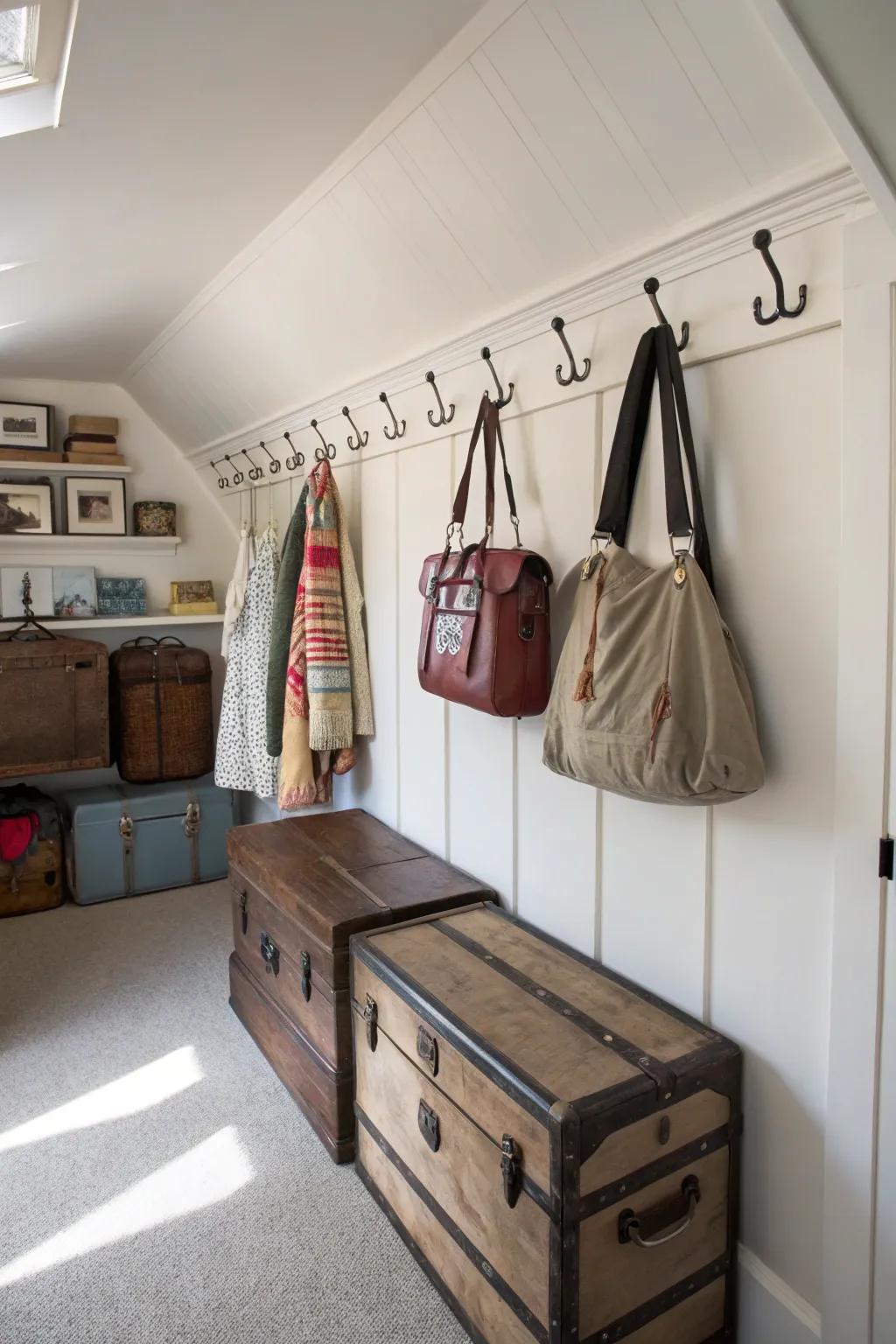 Mounted hooks add versatile storage to any closet.