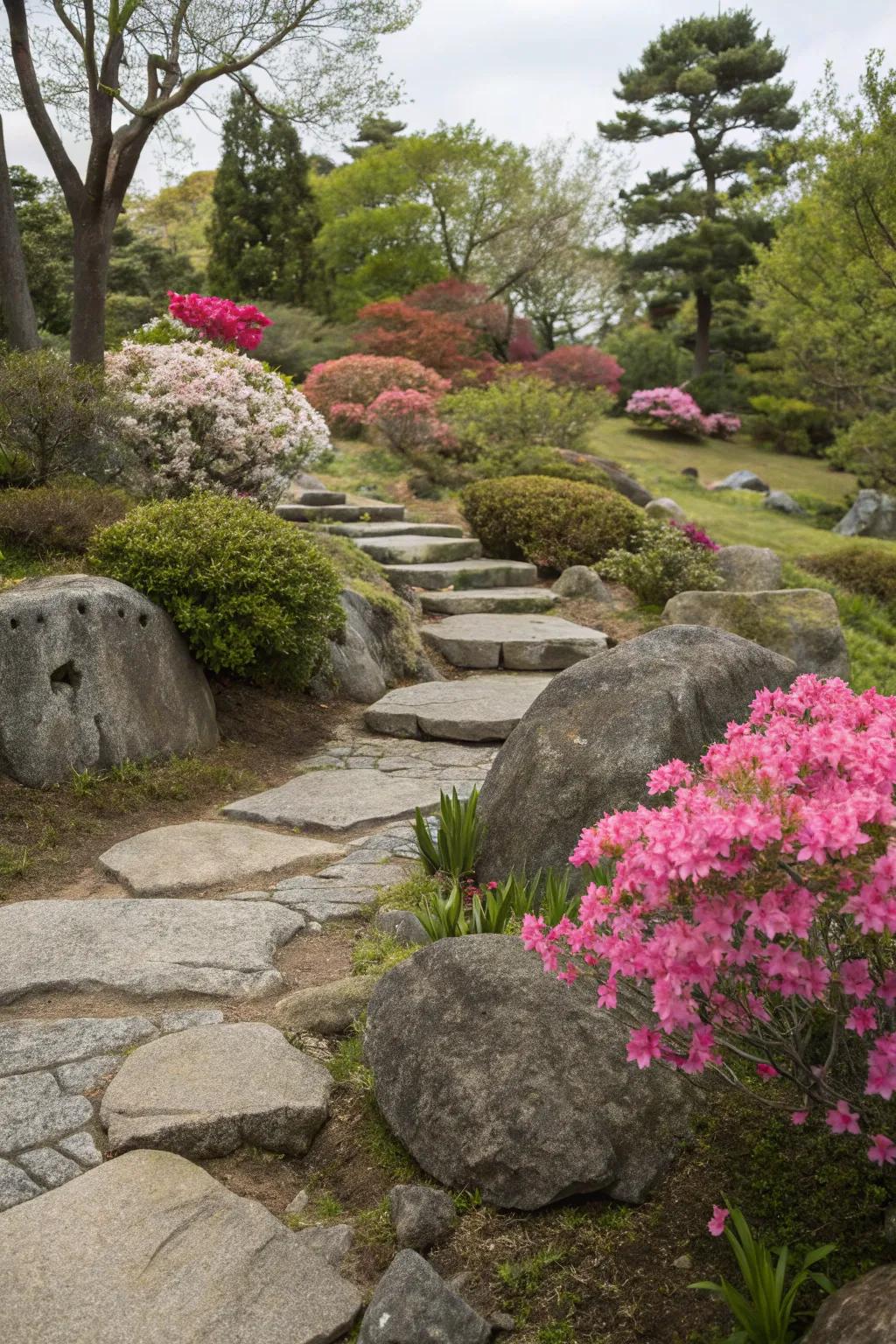 A rock garden featuring garden jewels adding softness and color.