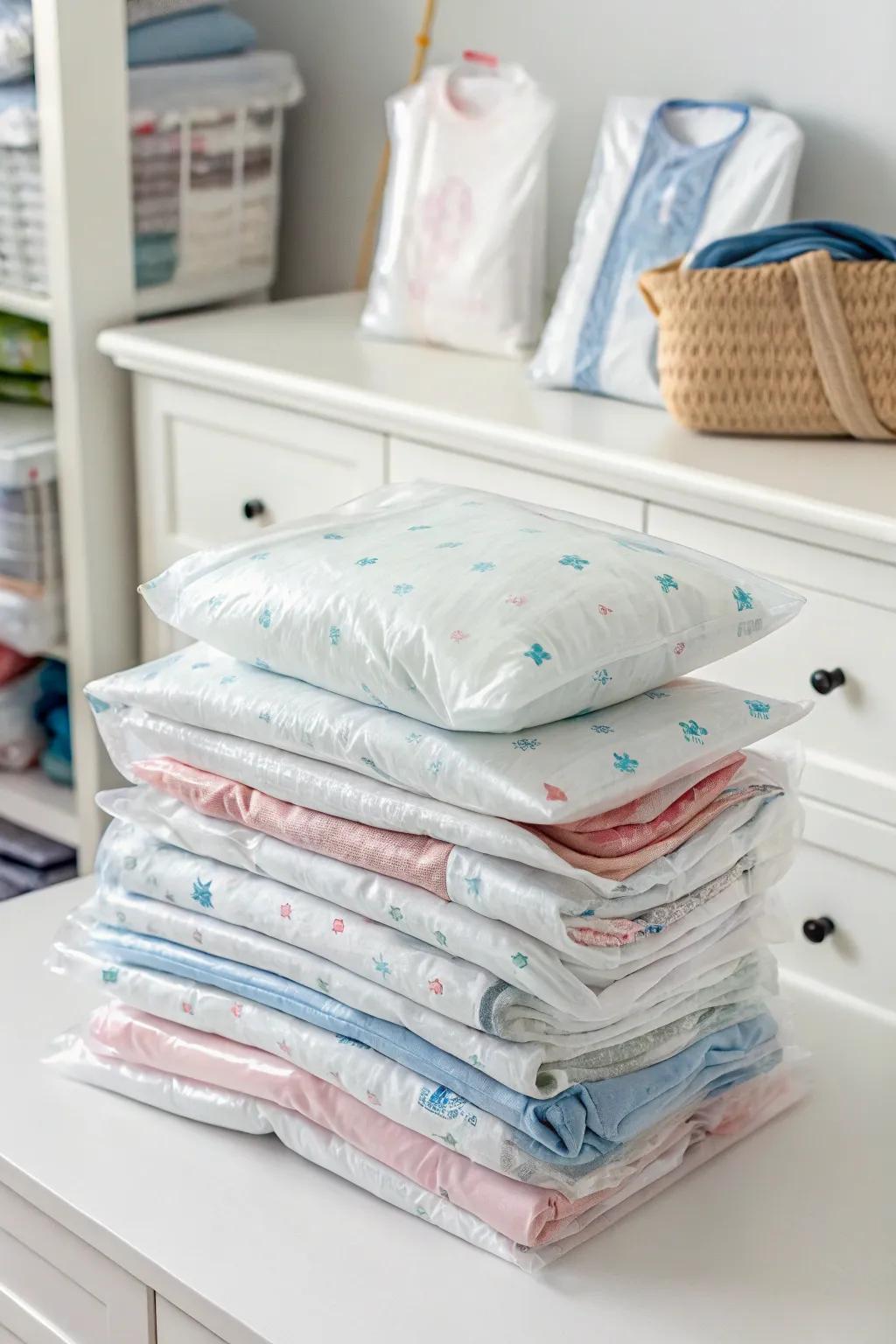 Space bags effectively store outgrown baby clothes.